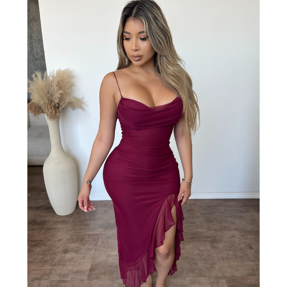 Bianca Mesh Dress (Burgundy)