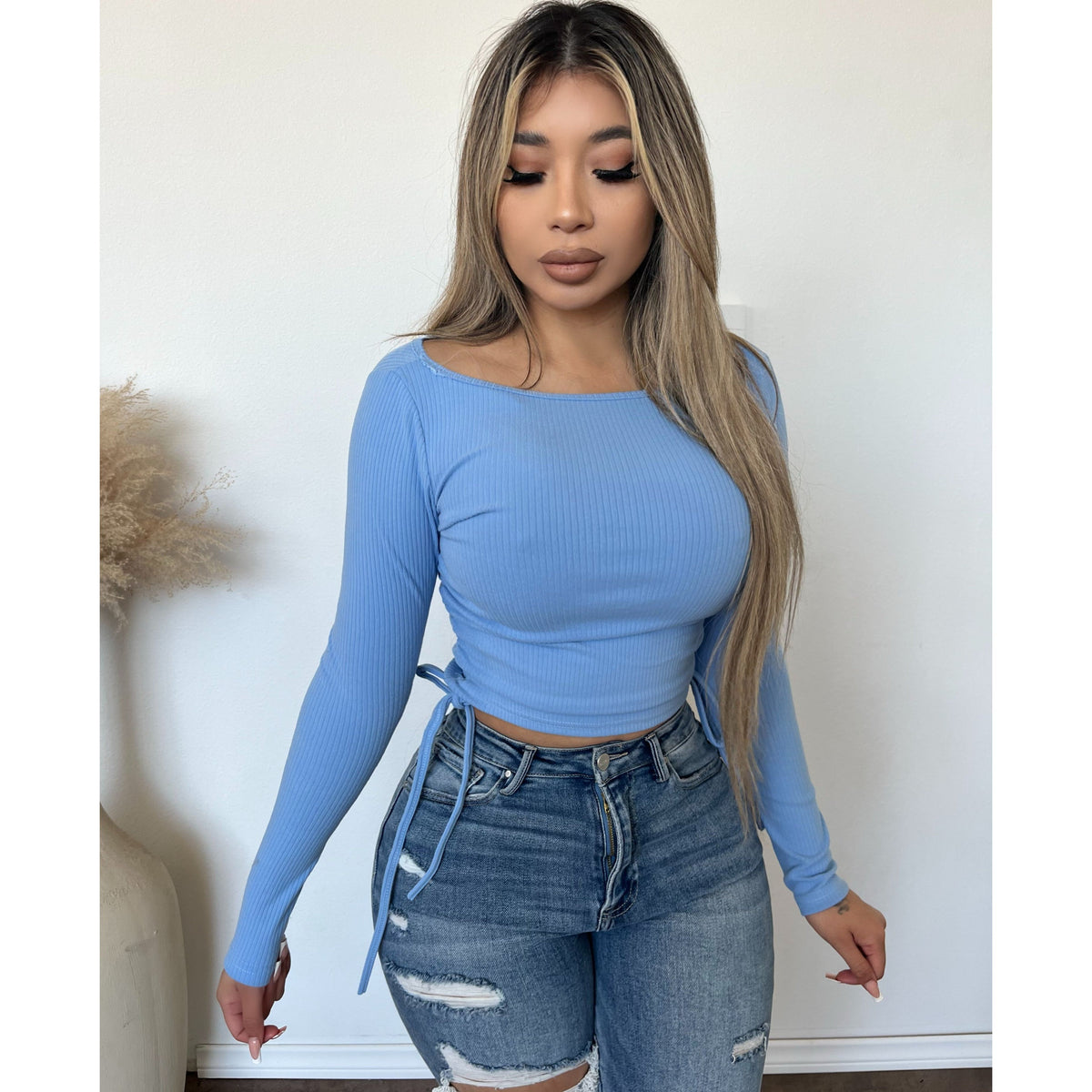 Amelia Rib Runched Long Sleeve Top (Chambray Blue)