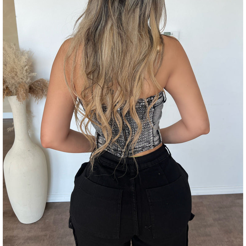 Jessica Stretch Zip Up Back Crop Top (Grey Multi)