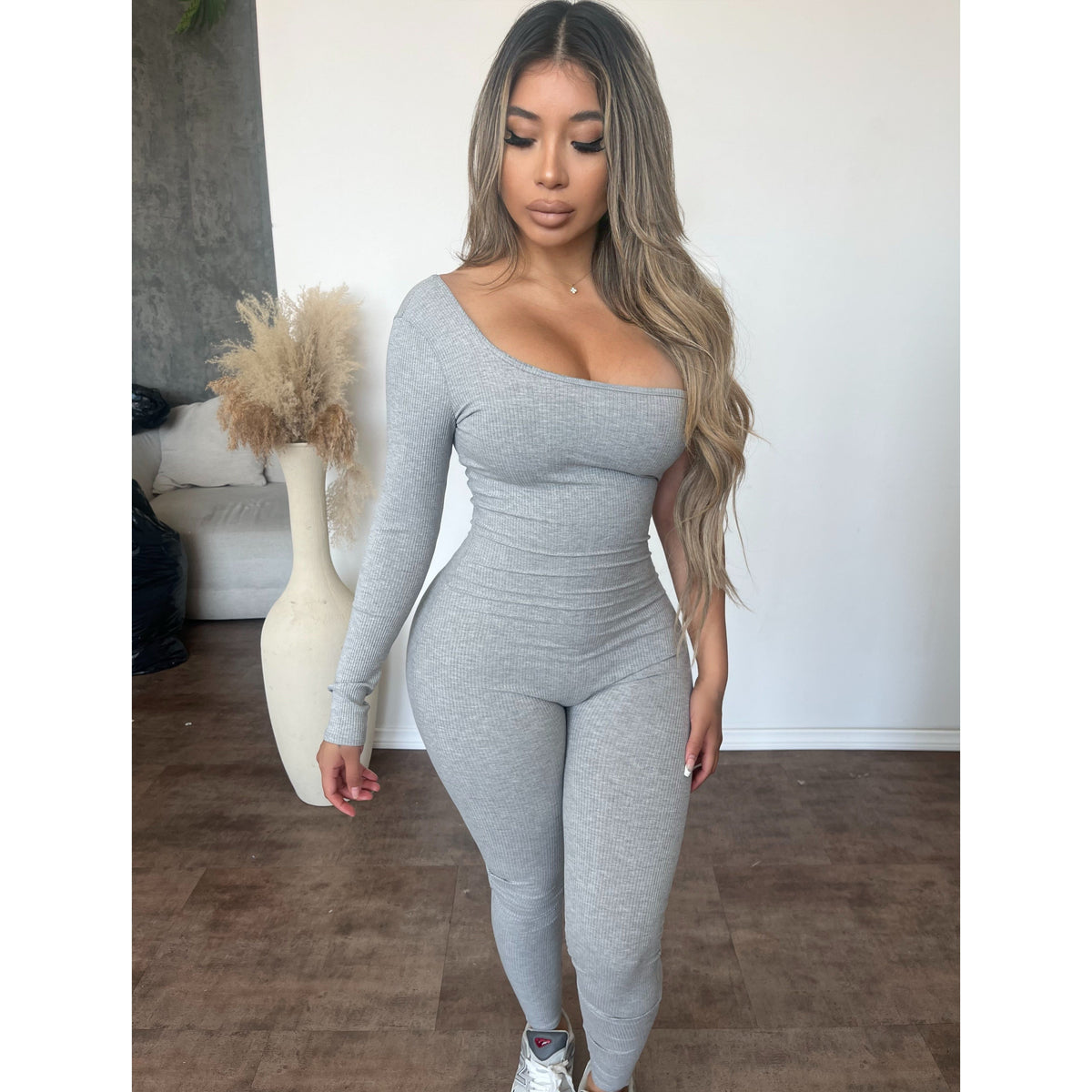 Andrea Off Shoulder Jumpsuit (Heather Grey)