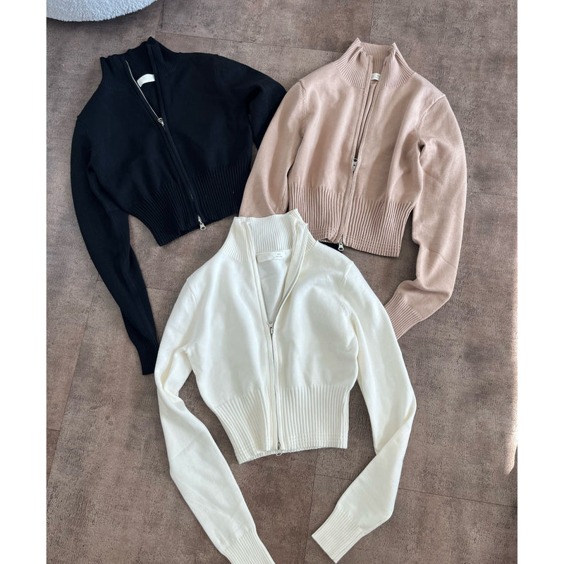 Giselle Mock Neck Knit Zip Up (Khaki)