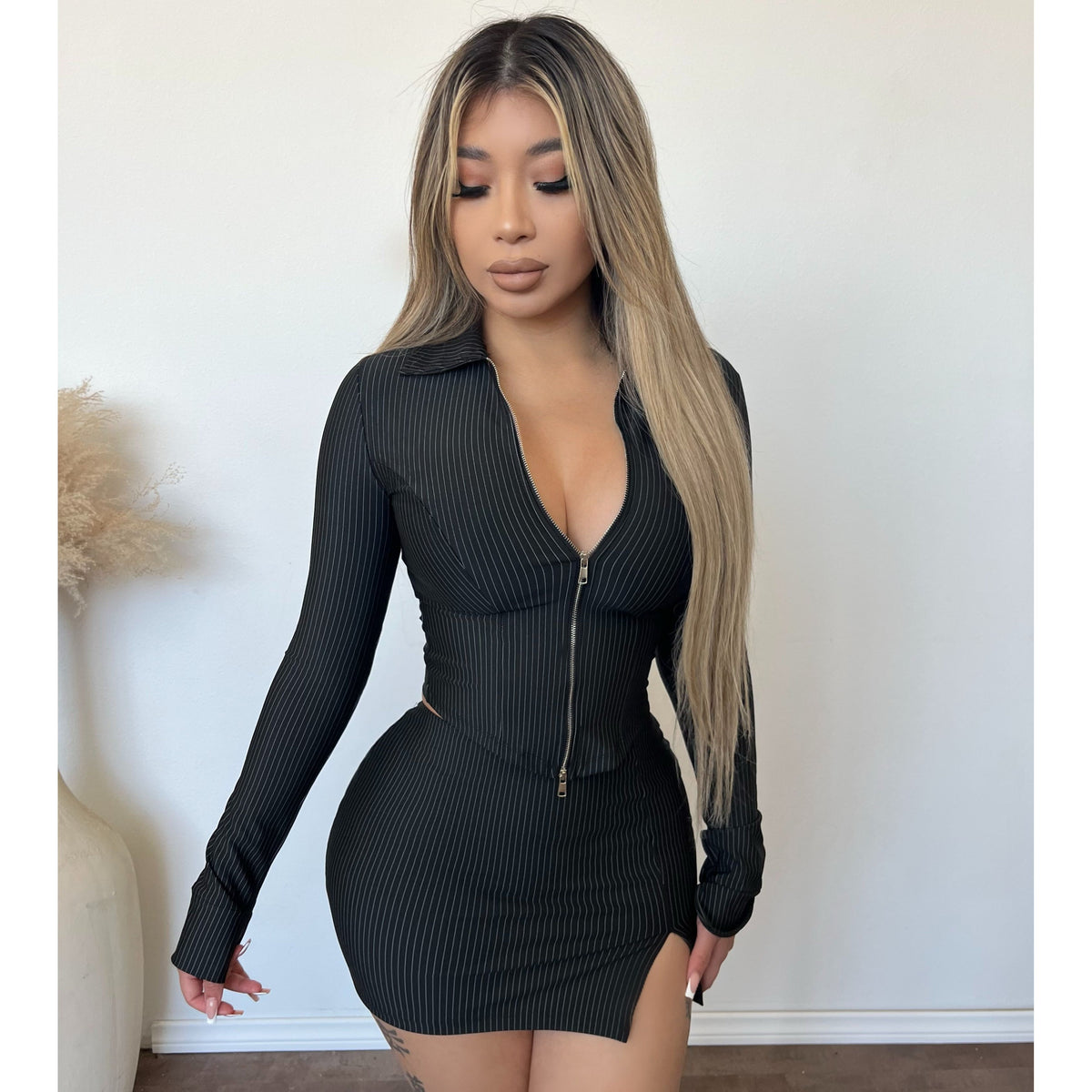 Addison Pinstrip 2 Pice Skirt Set (Black)
