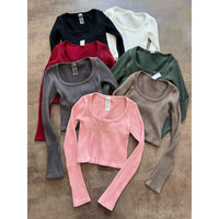 Kayana Square Neck Ribbed Long Sleeve Crop Top (Coco)