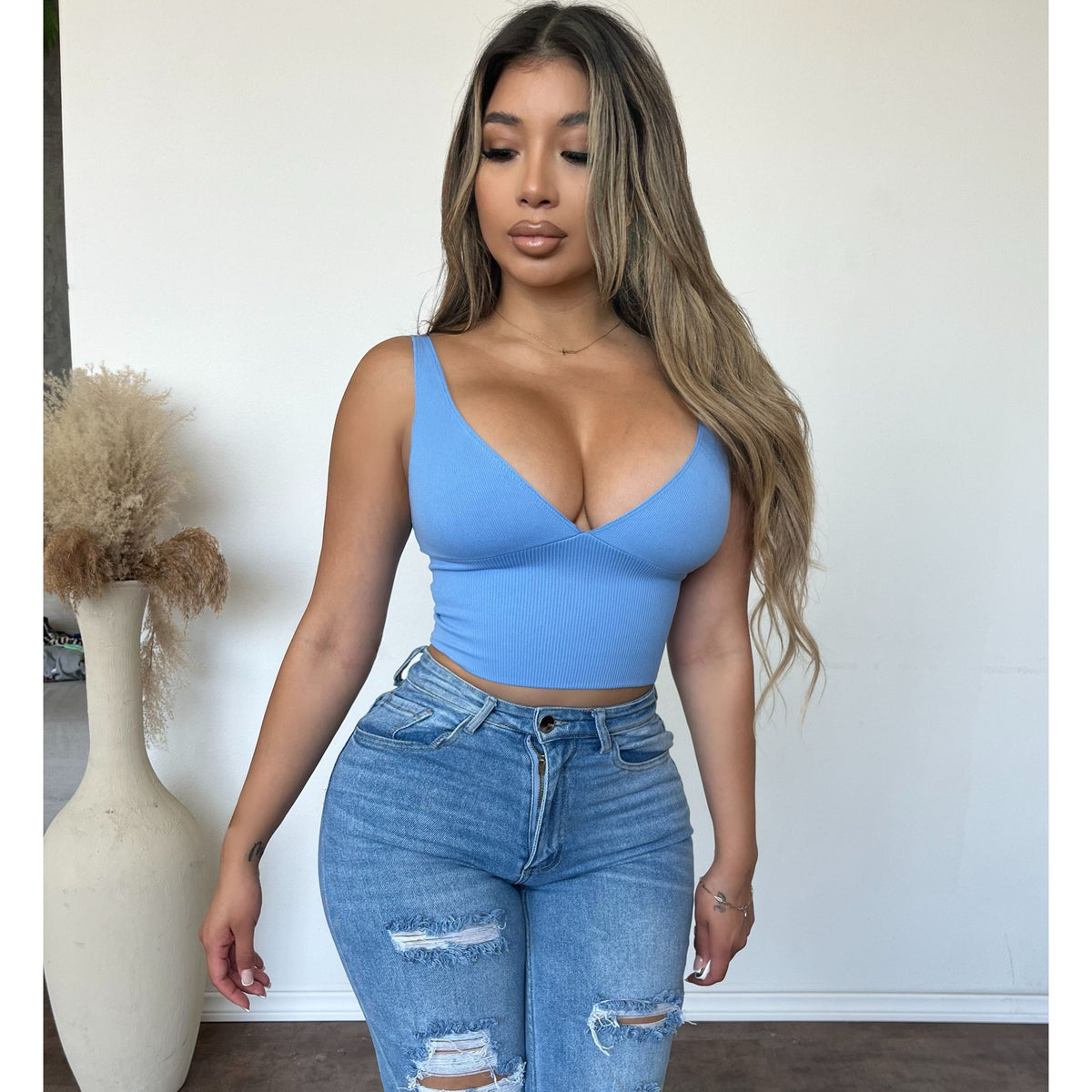 Emily V Neck Crop Top (Dusty Blue)