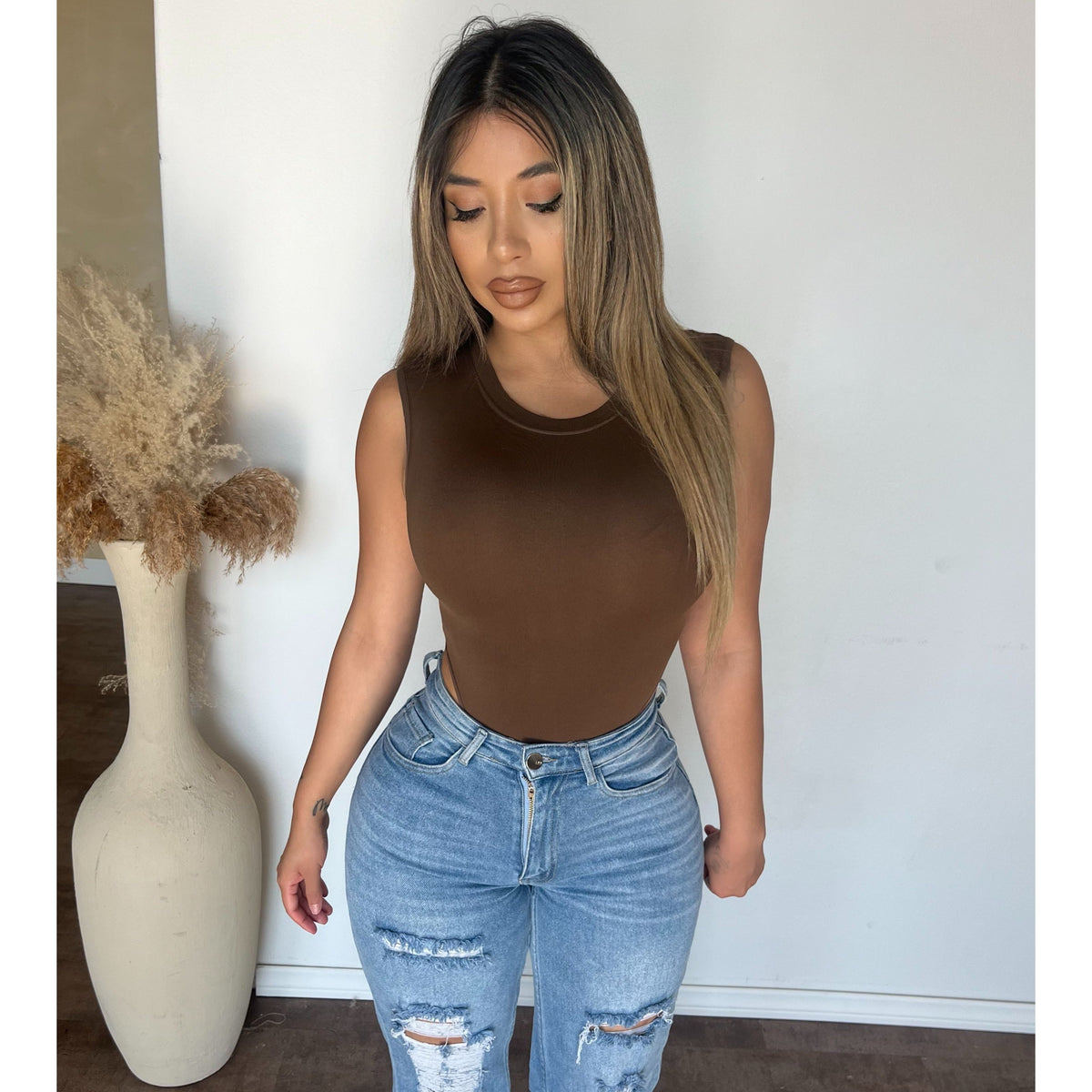 Angelica Neck Rib Bodysuit (Brownie)