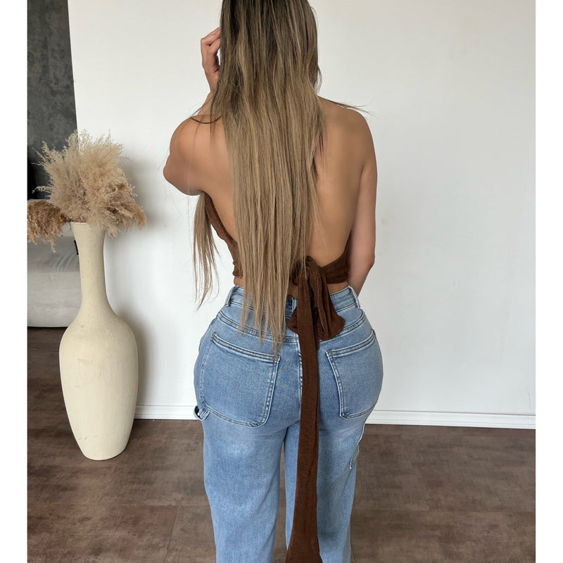 Hera Halter Deep Back Tie Top (Brown)