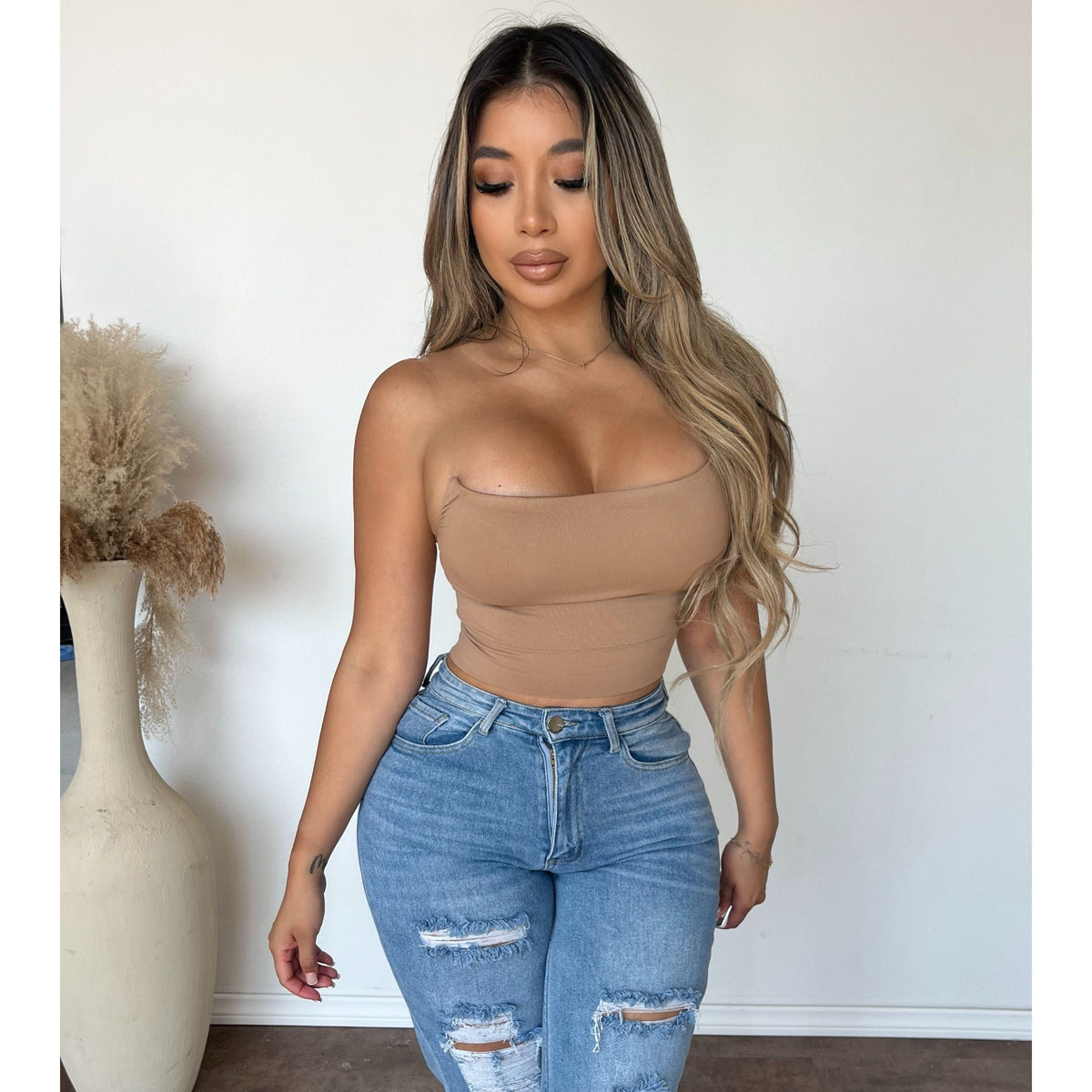 Alyssa Sleeveless Top W Clear Shoulder Strap (Mocha)