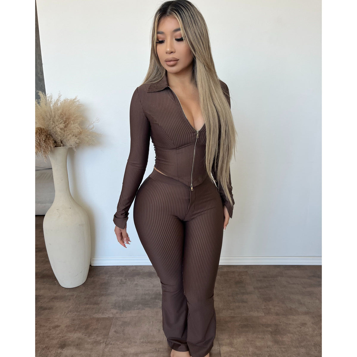Zoey Pinstrip Flare Pants (Brown)