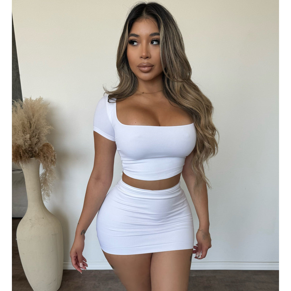 Anica Short Sleeves Top & Mini Skirt (White)