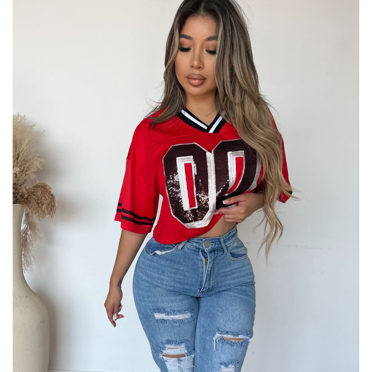 Michelle Cropped Jersey Top (Red)